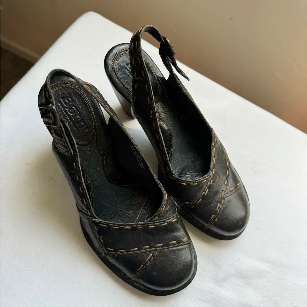 Y2K 2000s Born Black Leather Slingback Heels with Tan Contrast Stitching Size 7